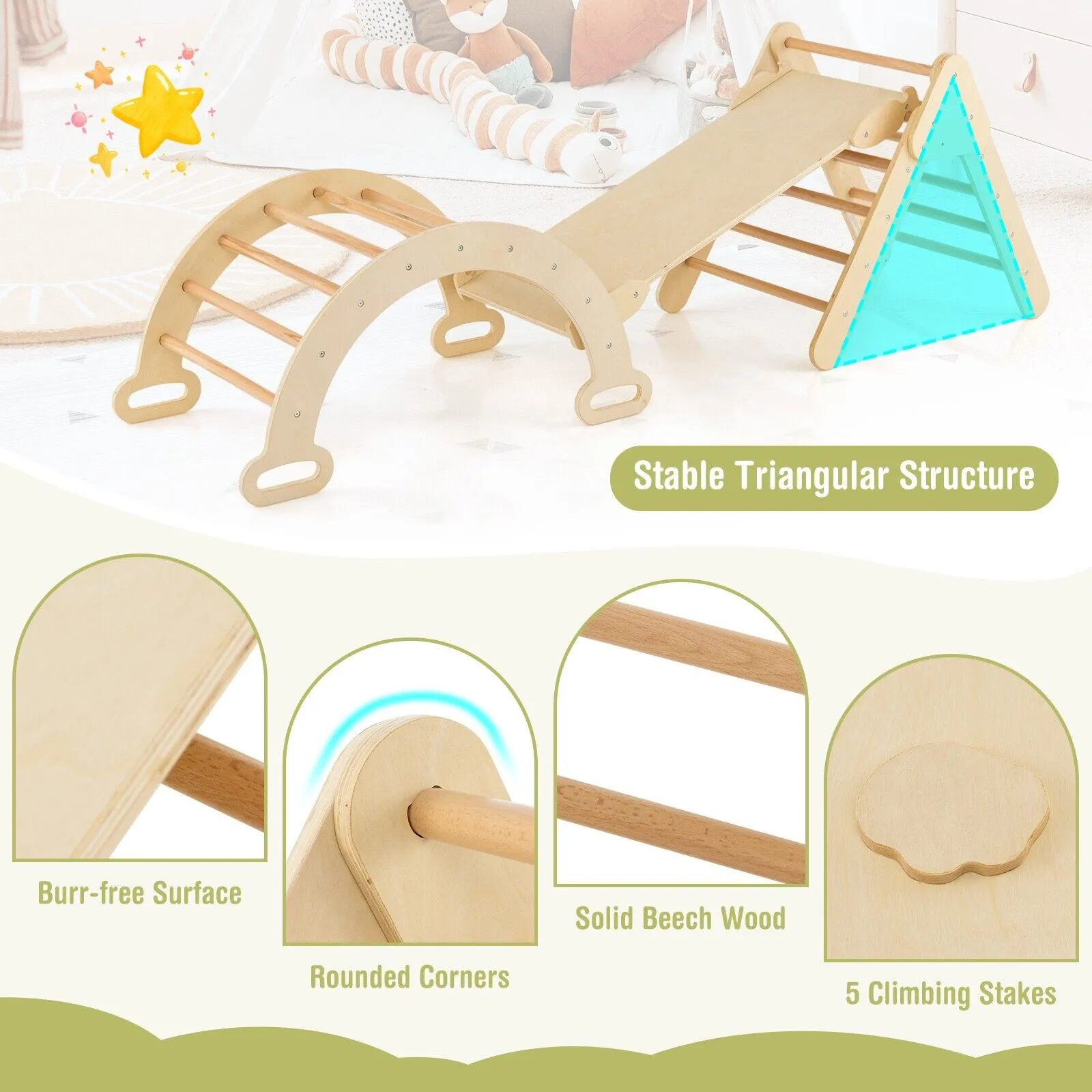 6-in-1 Children's Eco Wood Climbing Frame | Montessori Pikler Set | Arch | Rocker | Slide | Climbing Triangle | Den