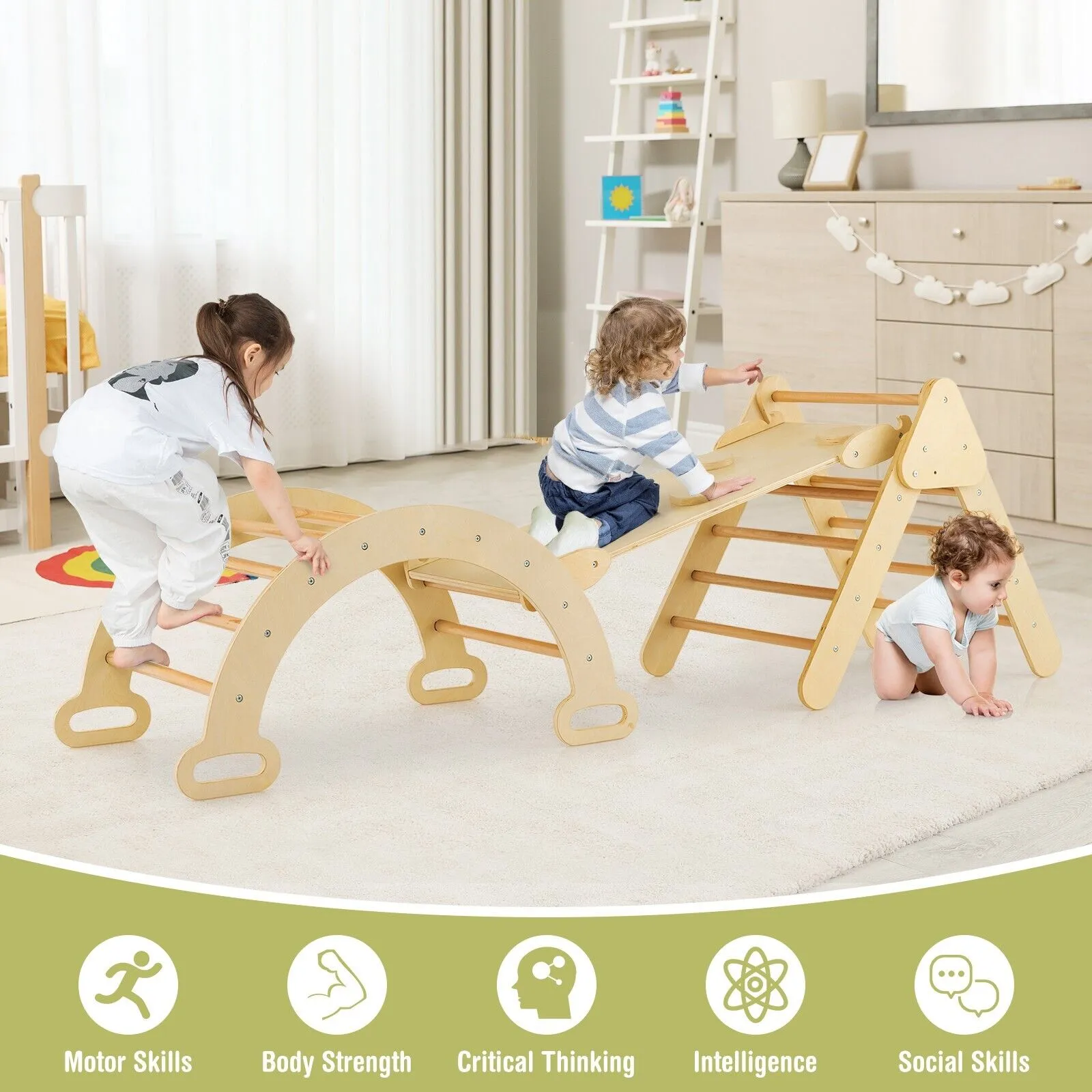 6-in-1 Children's Eco Wood Climbing Frame | Montessori Pikler Set | Arch | Rocker | Slide | Climbing Triangle | Den