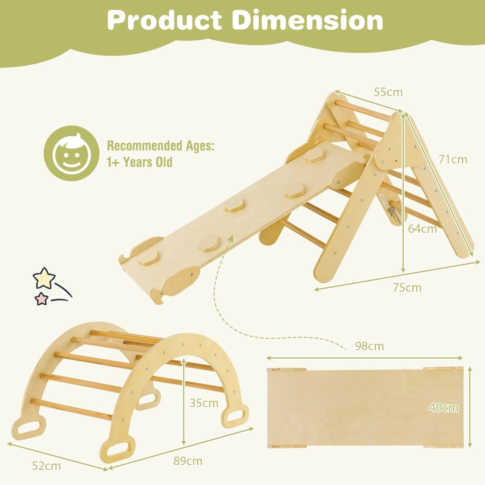 6-in-1 Children's Eco Wood Climbing Frame | Montessori Pikler Set | Arch | Rocker | Slide | Climbing Triangle | Den