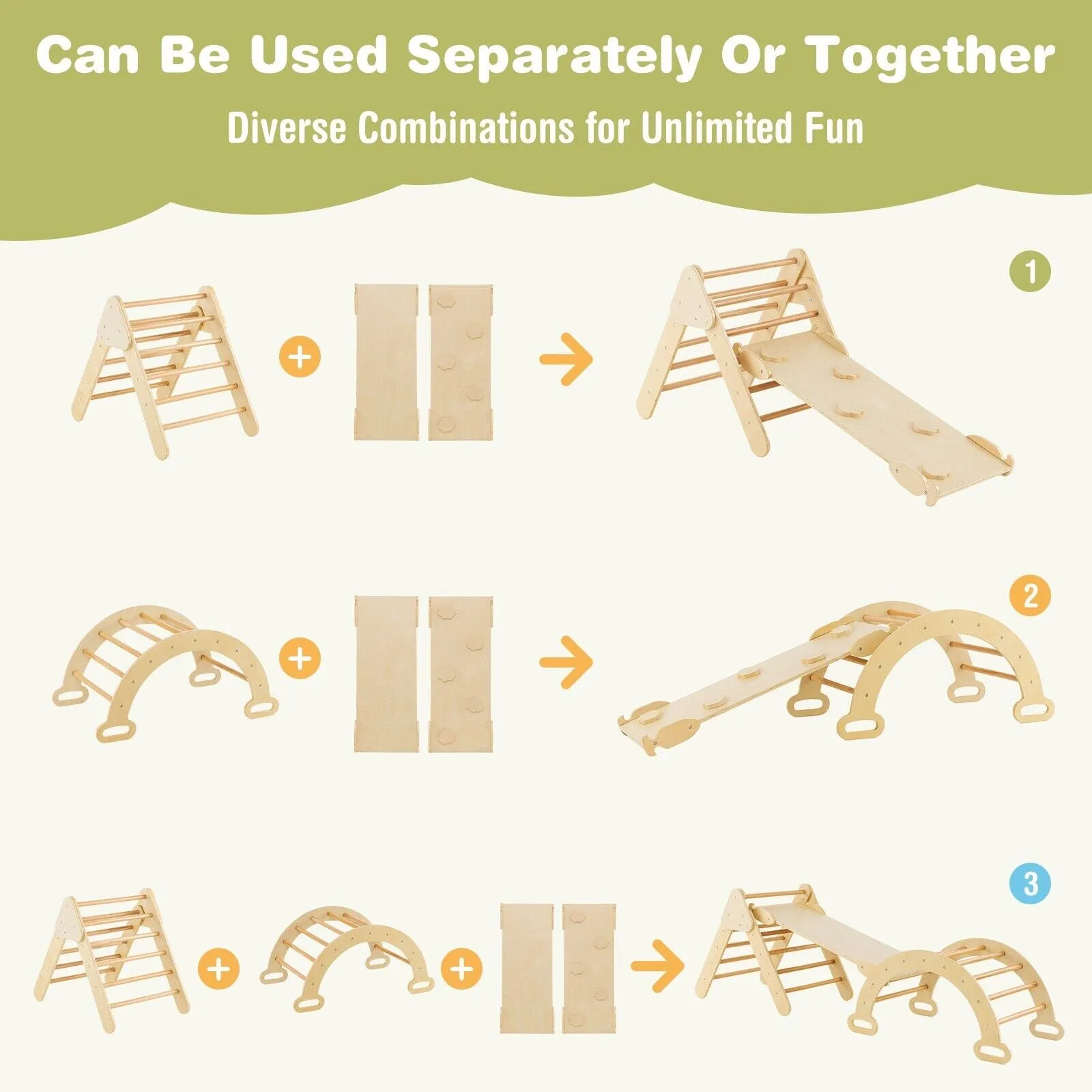 6-in-1 Children's Eco Wood Climbing Frame | Montessori Pikler Set | Arch | Rocker | Slide | Climbing Triangle | Den