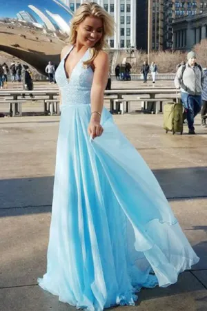 A-Line Deep V-Neck Sweep Train Blue Chiffon Sleeveless Prom Dress with Sequins D026
