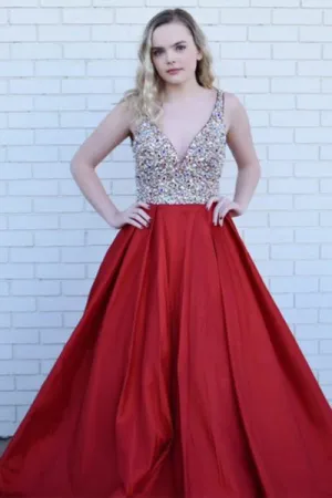 A-Line Deep V-Neck Sweep Train Dark Red Satin Backless Prom Dress with Beading L001