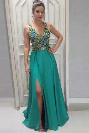 A-Line Deep V-Neck Sweep Train Green Satin Backless Prom Dress with Appliques C022