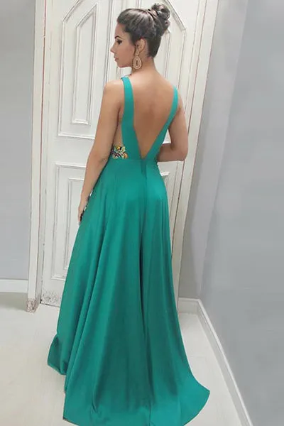 A-Line Deep V-Neck Sweep Train Green Satin Backless Prom Dress with Appliques C022