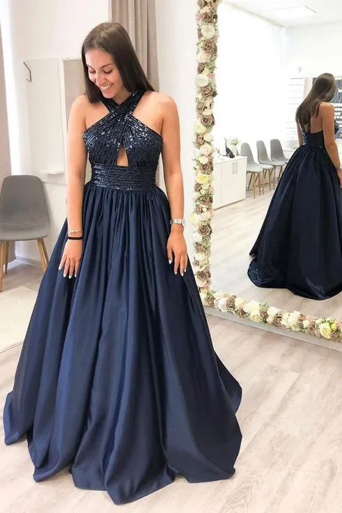 A Line Navy Blue Satin Sleeveless Sequins V Neck Strapless Long Prom Dress Evening Dress OHC368