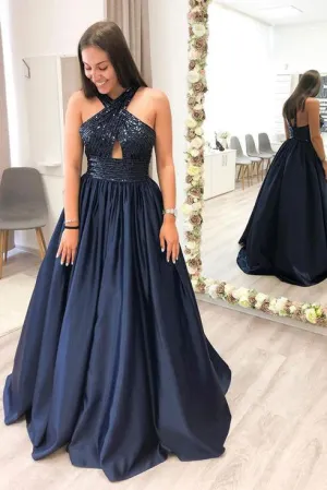 A Line Navy Blue Satin Sleeveless Sequins V Neck Strapless Long Prom Dress Evening Dress OHC368