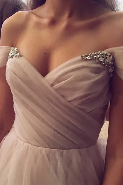 A-Line Off-the-Shoulder Court Train Pearl Pink Tulle Prom Dress with Beading Q64