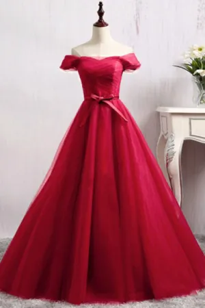 A-Line Off-the-Shoulder Floor-Length Dark Red Tulle Prom Dress Q73
