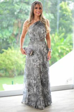 A-Line One-Shoulder Floor-Length Grey Print Chiffon Prom Dress with Beading P15