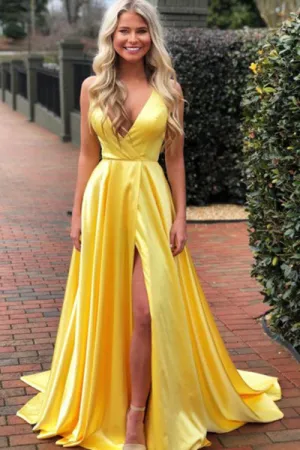 A-Line V-Neck Sweep Train Yellow Satin Prom Dress with Split PD013