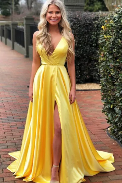 A-Line V-Neck Sweep Train Yellow Satin Prom Dress with Split PD013