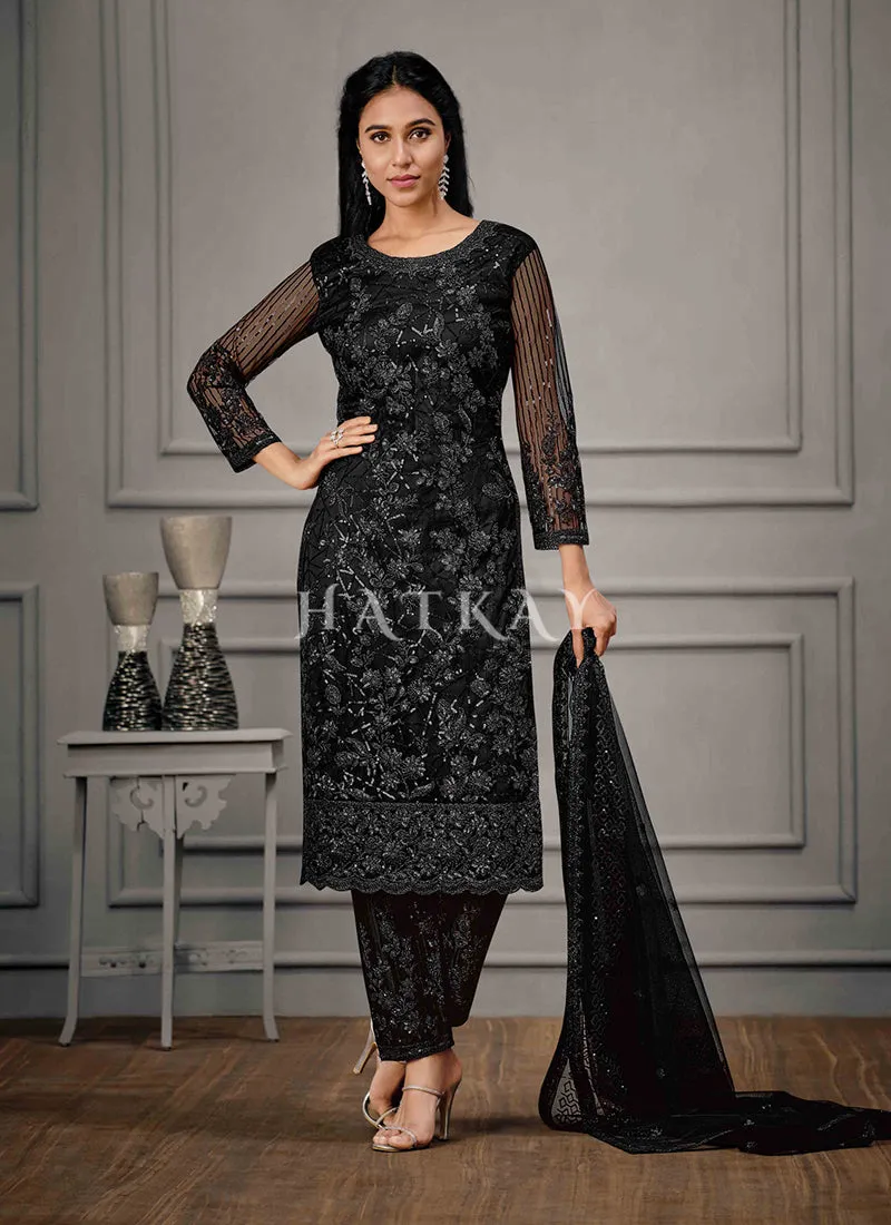 All Black Embroidered Pant Suit