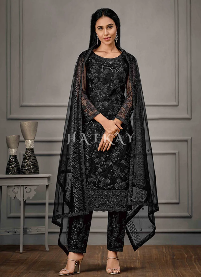 All Black Embroidered Pant Suit