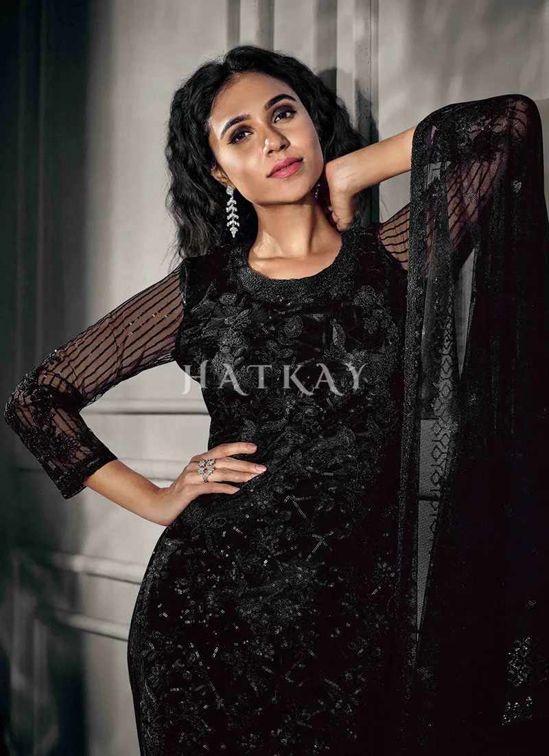 All Black Embroidered Pant Suit