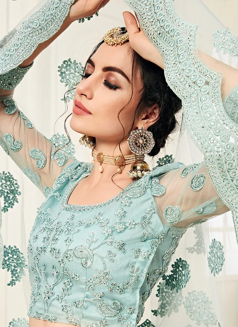 Aqua Blue Pearl Embroidered Wedding Lehenga Choli