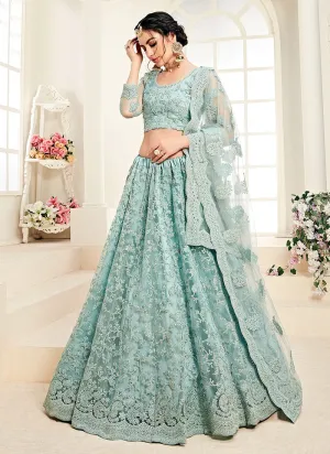 Aqua Blue Pearl Embroidered Wedding Lehenga Choli