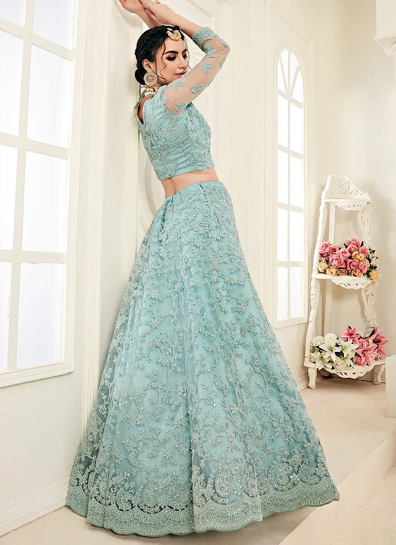 Aqua Blue Pearl Embroidered Wedding Lehenga Choli