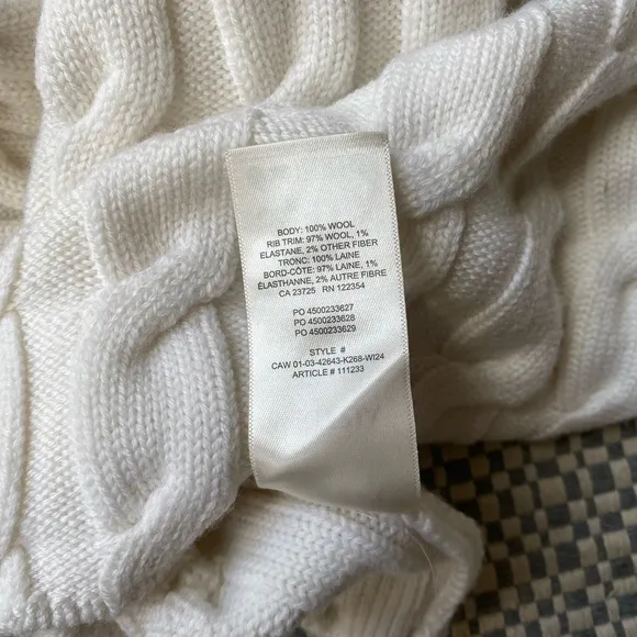 Aritzia Babaton 100% Wool Cropped Cableknit Sweater
