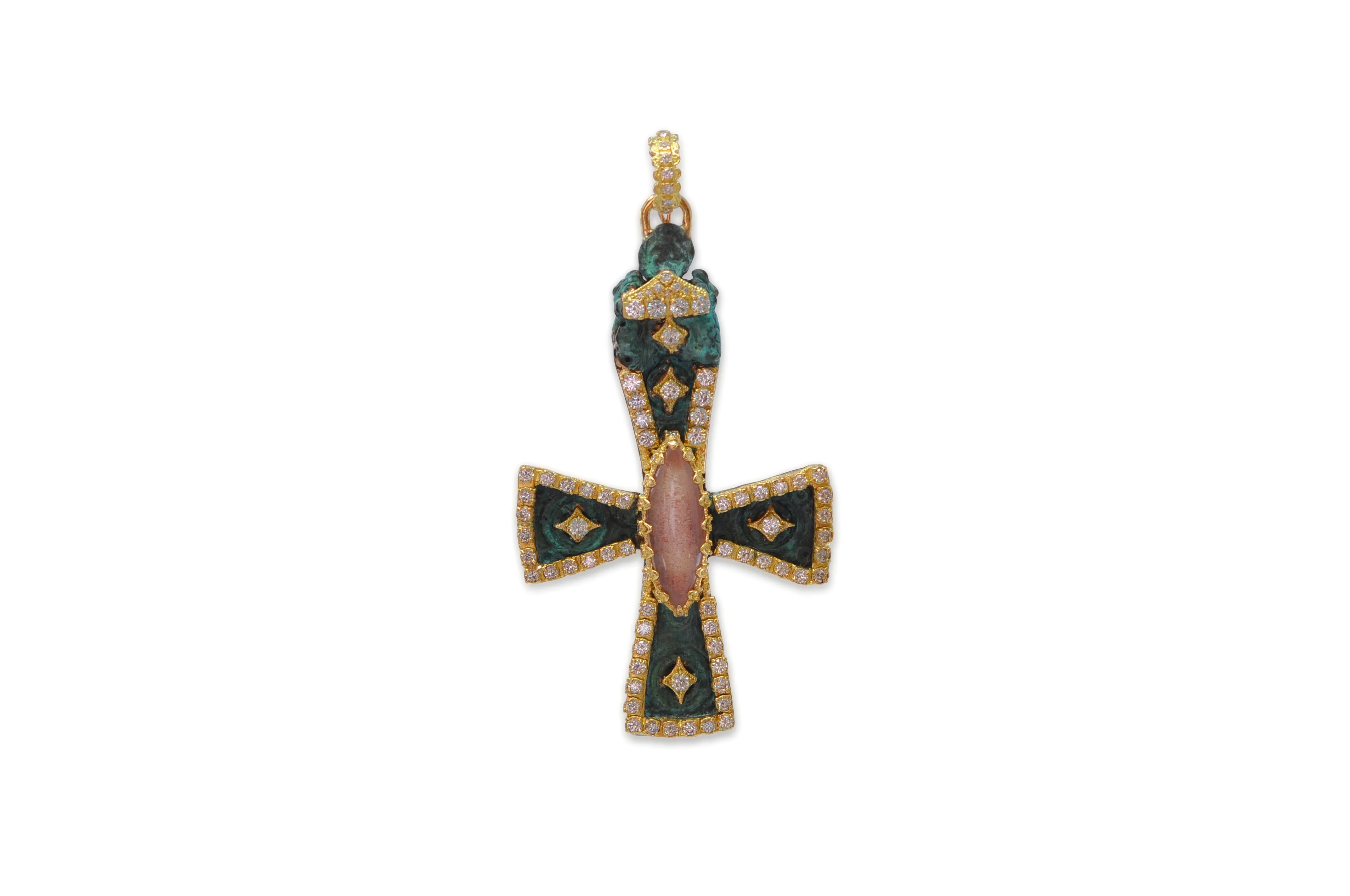 ARTIFACT CROSS IN TEAL PATINA WITH MARQUIS QUARTZ AND WHITE DIAMONDS ENHANCER