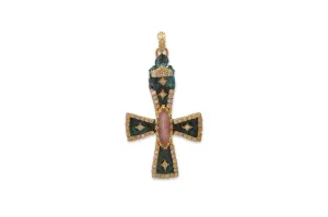 ARTIFACT CROSS IN TEAL PATINA WITH MARQUIS QUARTZ AND WHITE DIAMONDS ENHANCER
