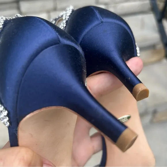 Badgley Mishka blue satin 2&quot; heel ankle wrap high jeweled heels Sz 10