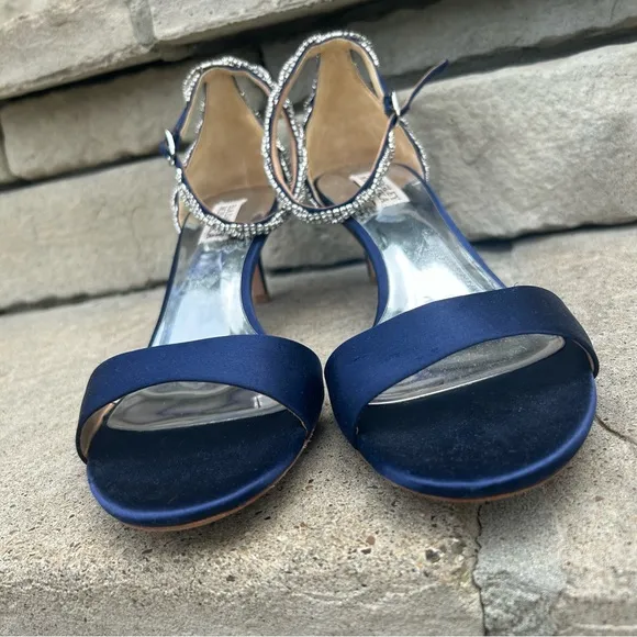 Badgley Mishka blue satin 2&quot; heel ankle wrap high jeweled heels Sz 10