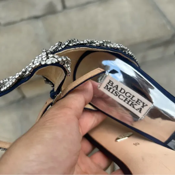 Badgley Mishka blue satin 2&quot; heel ankle wrap high jeweled heels Sz 10