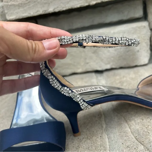 Badgley Mishka blue satin 2&quot; heel ankle wrap high jeweled heels Sz 10
