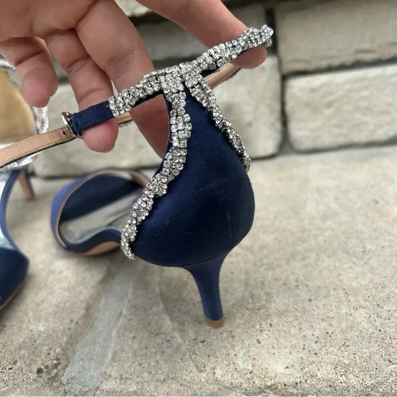 Badgley Mishka blue satin 2&quot; heel ankle wrap high jeweled heels Sz 10