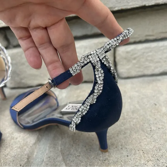 Badgley Mishka blue satin 2&quot; heel ankle wrap high jeweled heels Sz 10