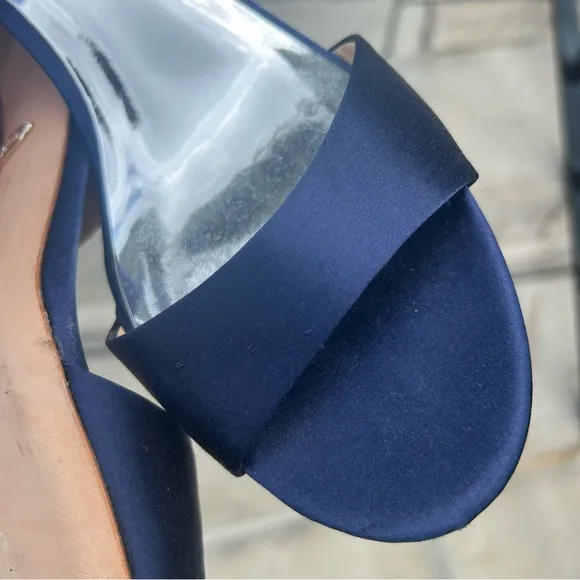 Badgley Mishka blue satin 2&quot; heel ankle wrap high jeweled heels Sz 10