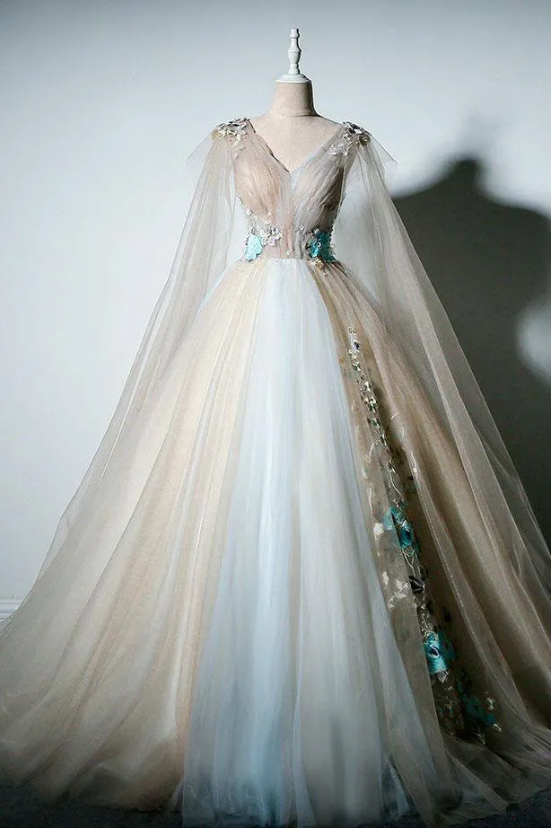 Ball Gown V-neck Floor Length Sleeveless Appliques Long Tulle Prom Dress OHC214