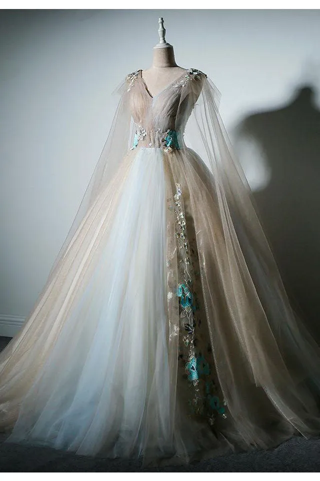 Ball Gown V-neck Floor Length Sleeveless Appliques Long Tulle Prom Dress OHC214