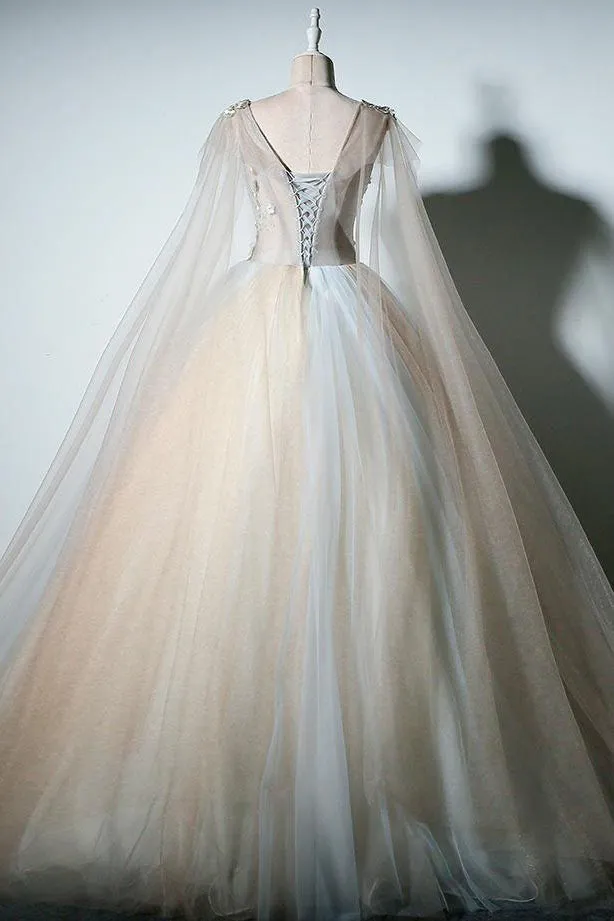 Ball Gown V-neck Floor Length Sleeveless Appliques Long Tulle Prom Dress OHC214