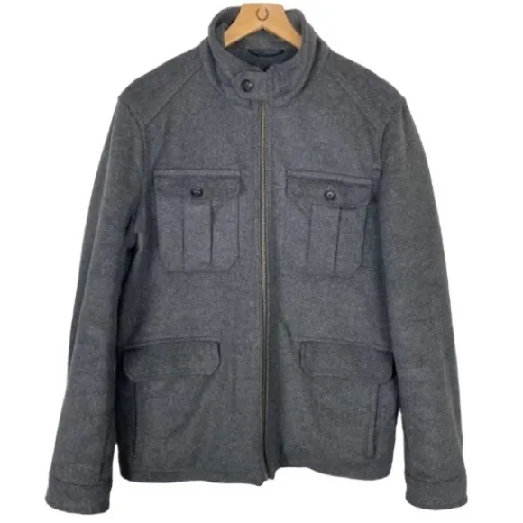 BANANA REPUBLIC Gray Wool Car Coat Medium 4 Pocket Zip-Up Winter Pea Coat