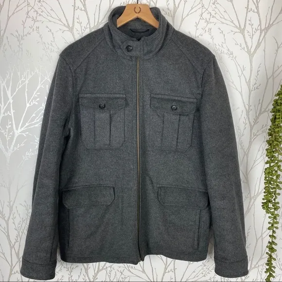 BANANA REPUBLIC Gray Wool Car Coat Medium 4 Pocket Zip-Up Winter Pea Coat