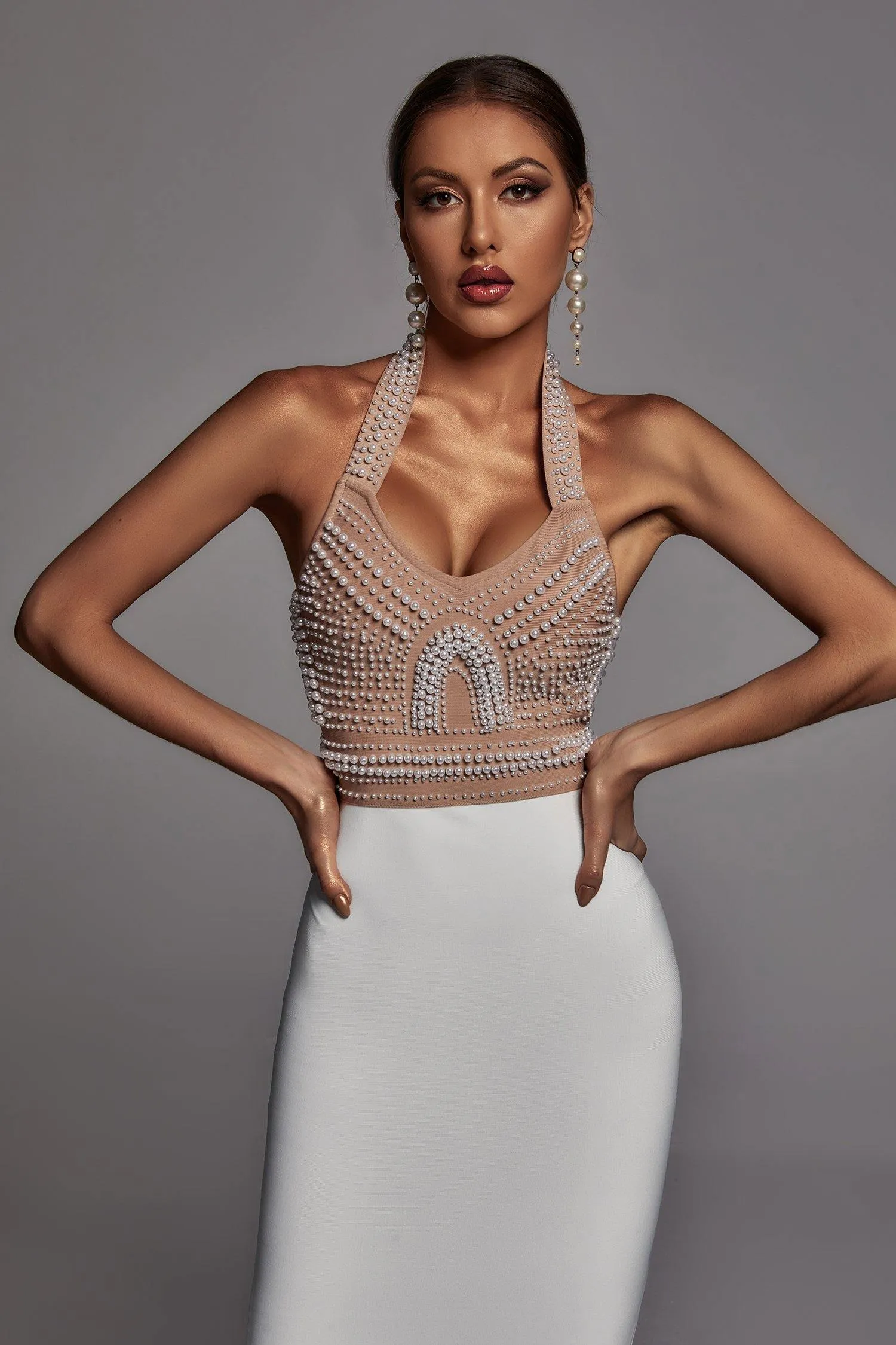 Beige Pearl Halter Bandage Dress -  Miss Molly brand