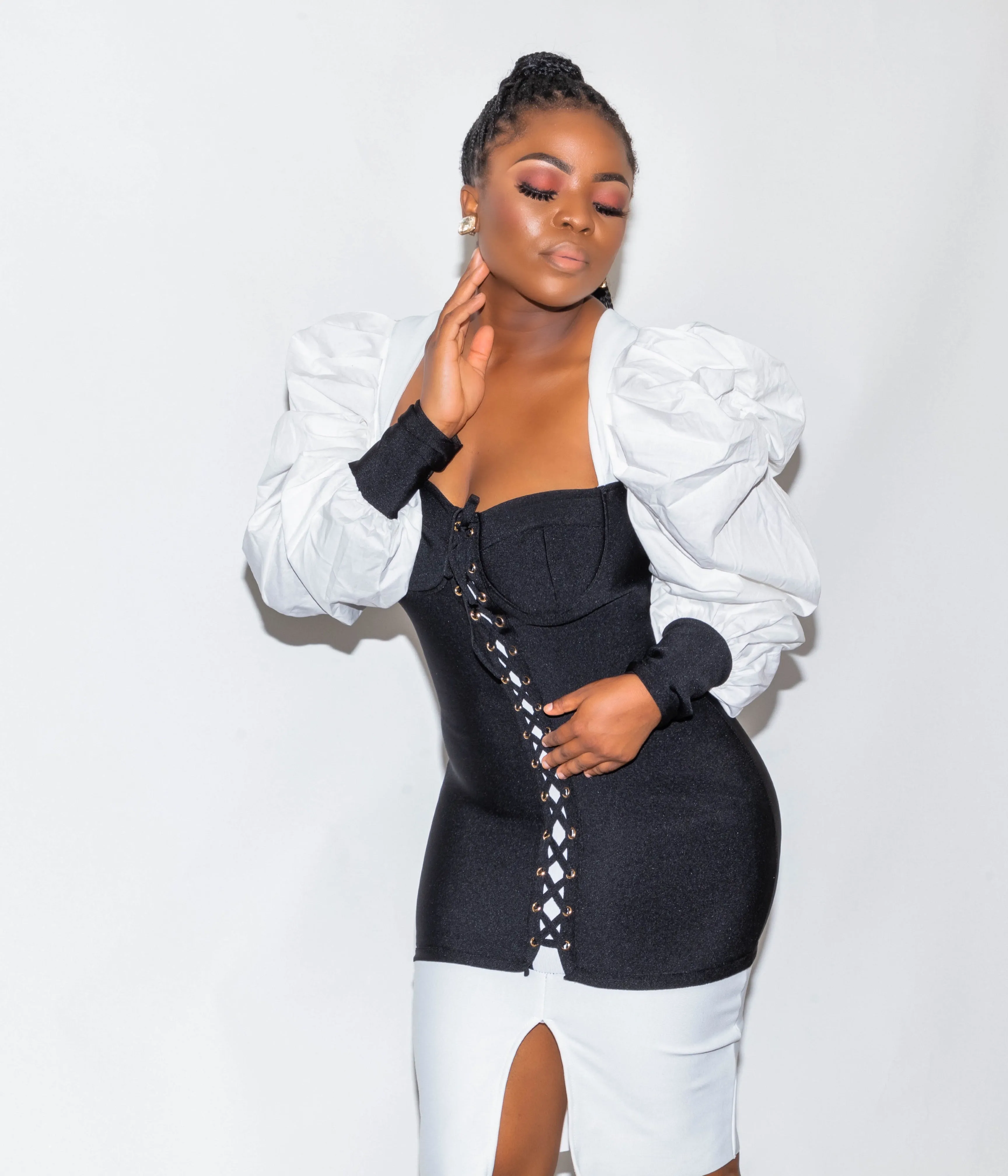 Black And White Puff Sleeve Bodycon Dress Marcy Boutique Elegant Black And White Puff Sleeve Dress