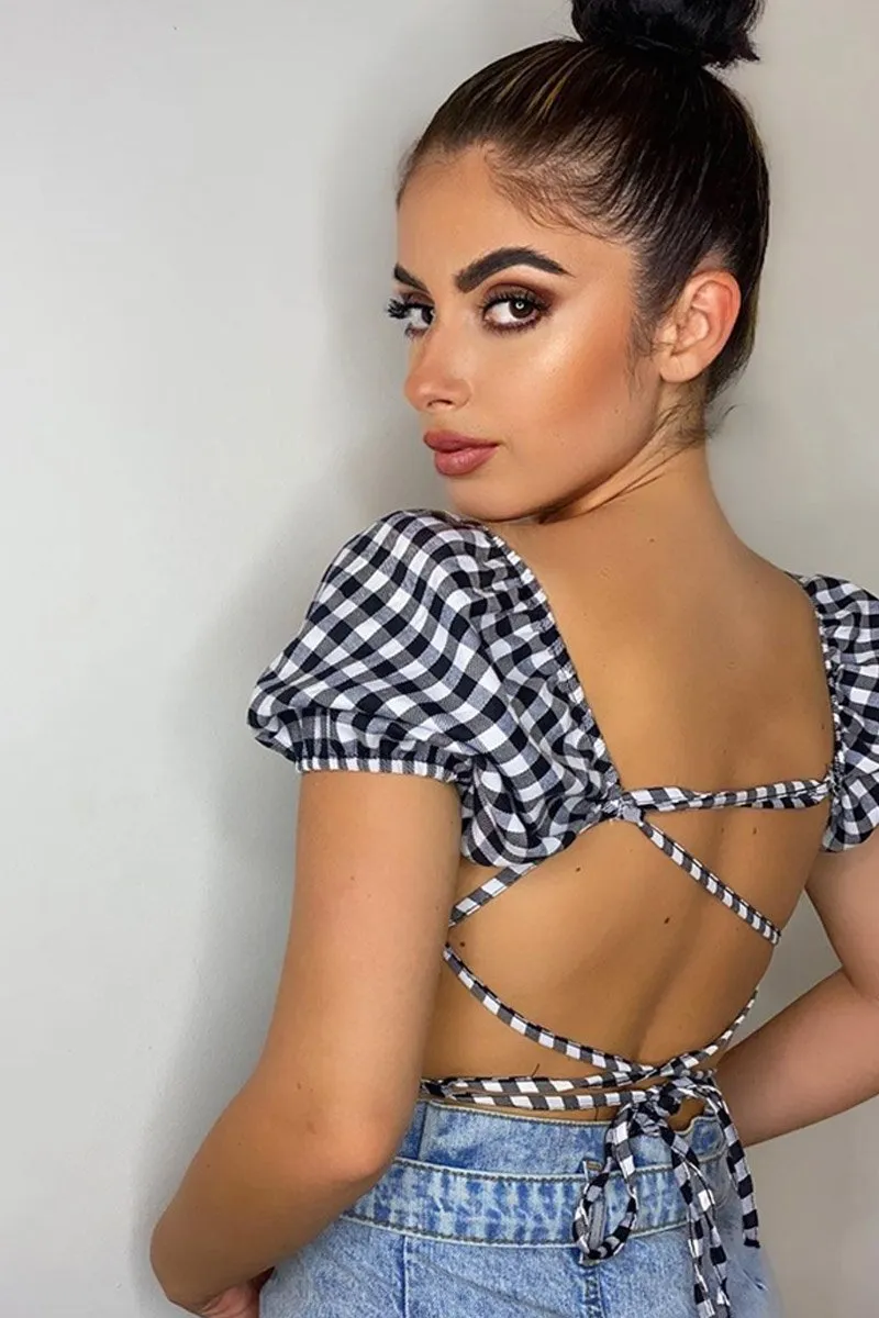 Black Gingham Puff Sleeve Crop Top - Kapri