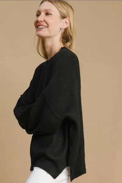 Black Side Slit Wool Blend Round Neck Sweater