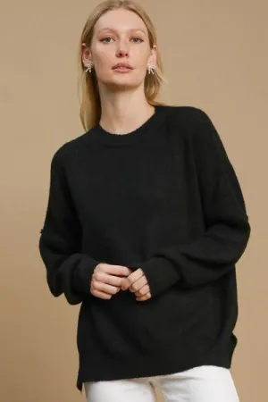Black Side Slit Wool Blend Round Neck Sweater