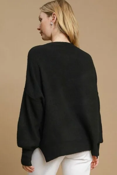 Black Side Slit Wool Blend Round Neck Sweater