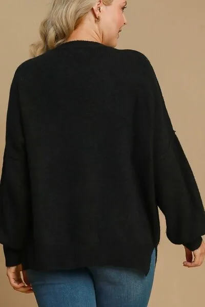 Black Side Slit Wool Blend Round Neck Sweater