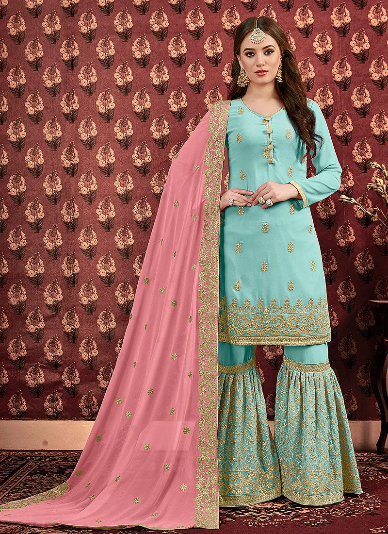 Blue And Pink Golden Embroidered Georgette Gharara Suit