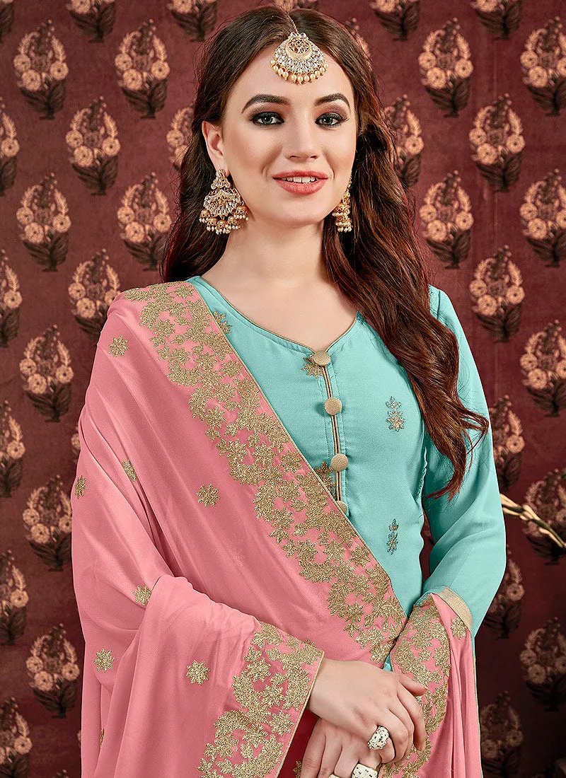 Blue And Pink Golden Embroidered Georgette Gharara Suit