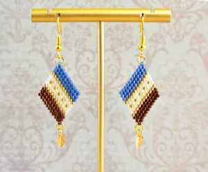 Blue, Copper and Gold Diamond-Shaped Diagonal Geometric Earrings w/Leaf Charm