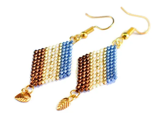 Blue, Copper and Gold Diamond-Shaped Diagonal Geometric Earrings w/Leaf Charm