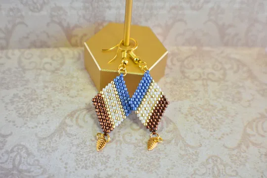 Blue, Copper and Gold Diamond-Shaped Diagonal Geometric Earrings w/Leaf Charm