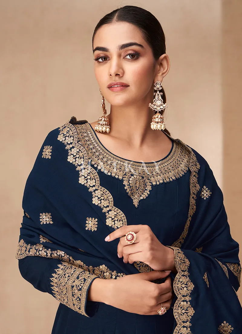 Blue Golden Embroidery Anarkali Suit
