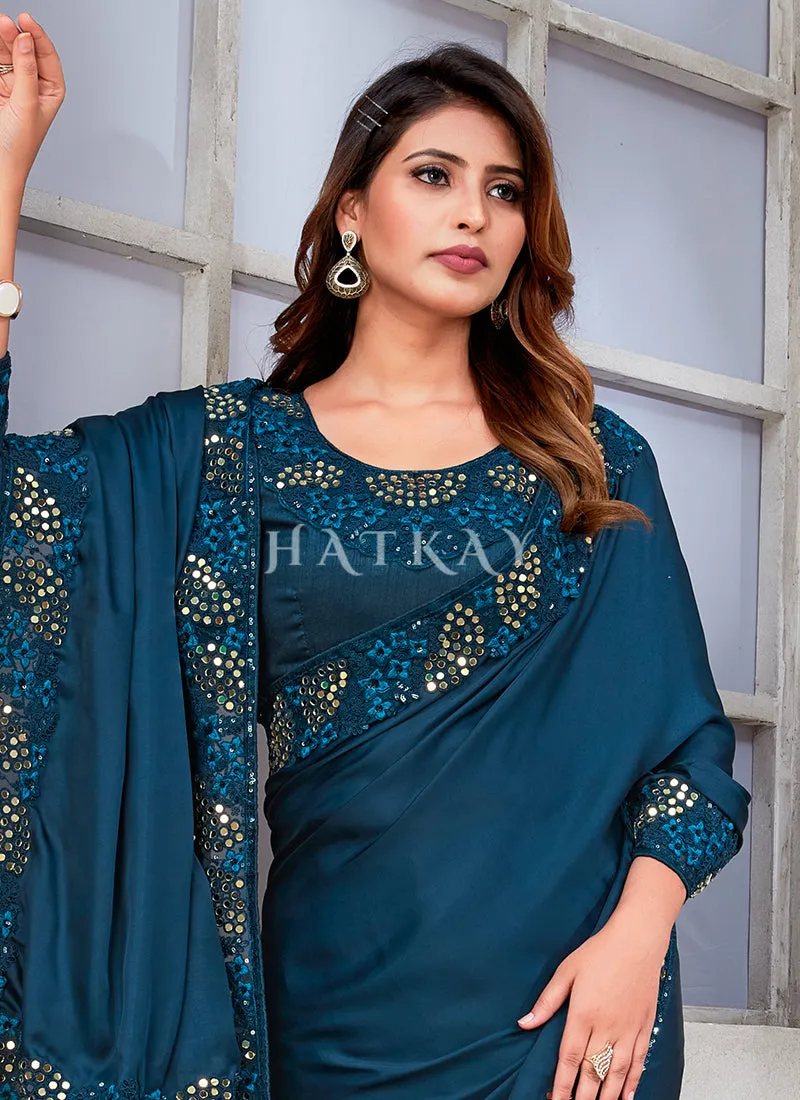Blue Mirror Work Embroidery Satin Silk Saree